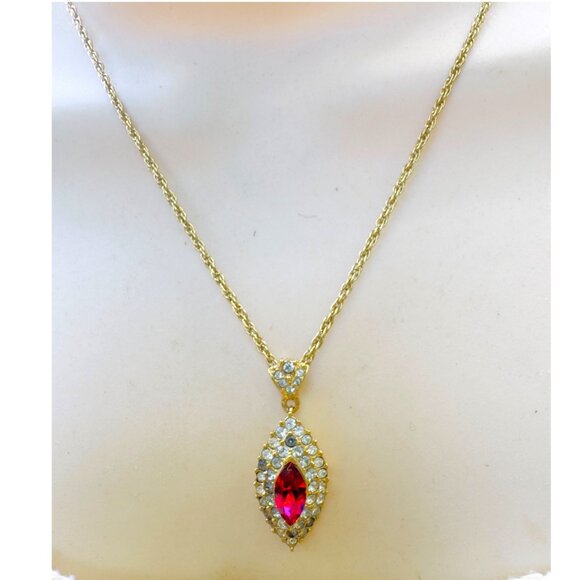 Vintage Attwood & Sawyer Ruby and White Rhinestones Gold Tone Pendant Necklace - Picture 12 of 16